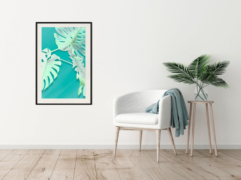 Poster - Teal Monstera  - zwart passepartout