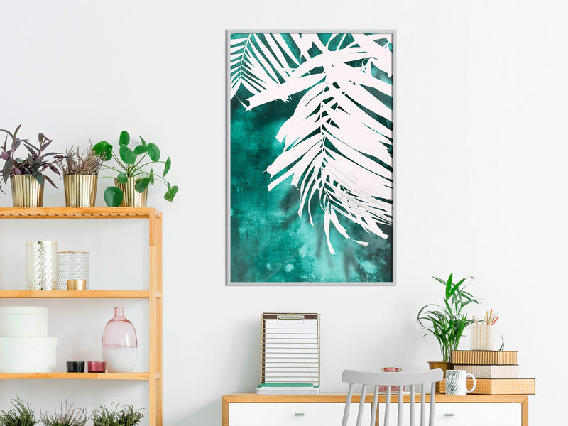 Poster - White Palm on Teal Background  - wit