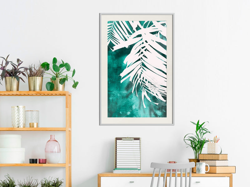 Poster - White Palm on Teal Background  - wit passepartout