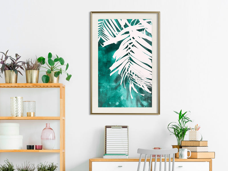 Poster - White Palm on Teal Background  - goud passepartout