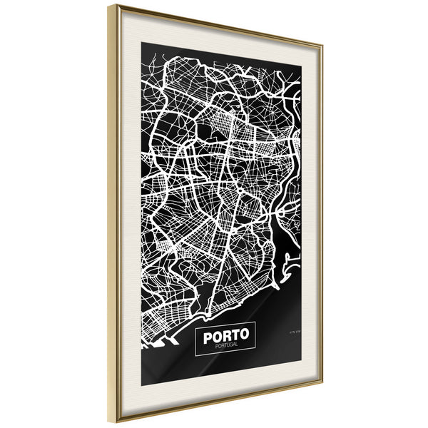 Poster - City Map: Porto (Dark)  - goud passepartout