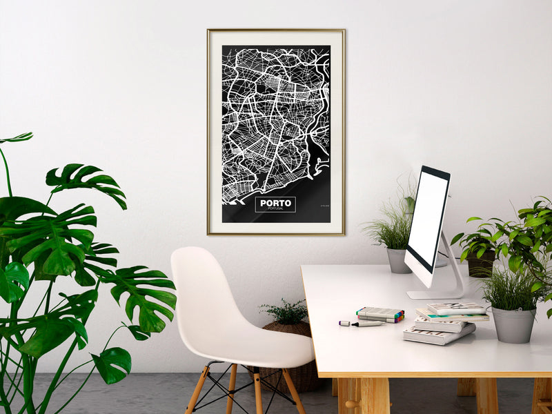 Poster - City Map: Porto (Dark)  - goud passepartout