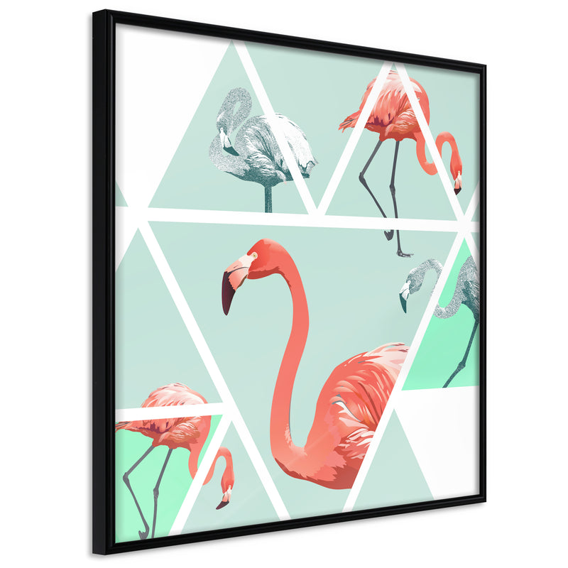 Poster - Tropical Mosaic with Flamingos (Square)  - zwart