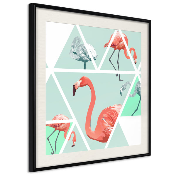 Poster - Tropical Mosaic with Flamingos (Square)  - zwart passepartout