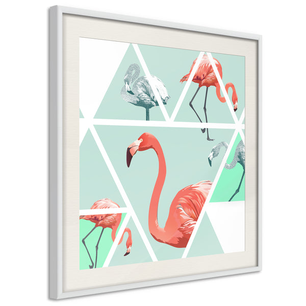 Poster - Tropical Mosaic with Flamingos (Square)  - wit passepartout