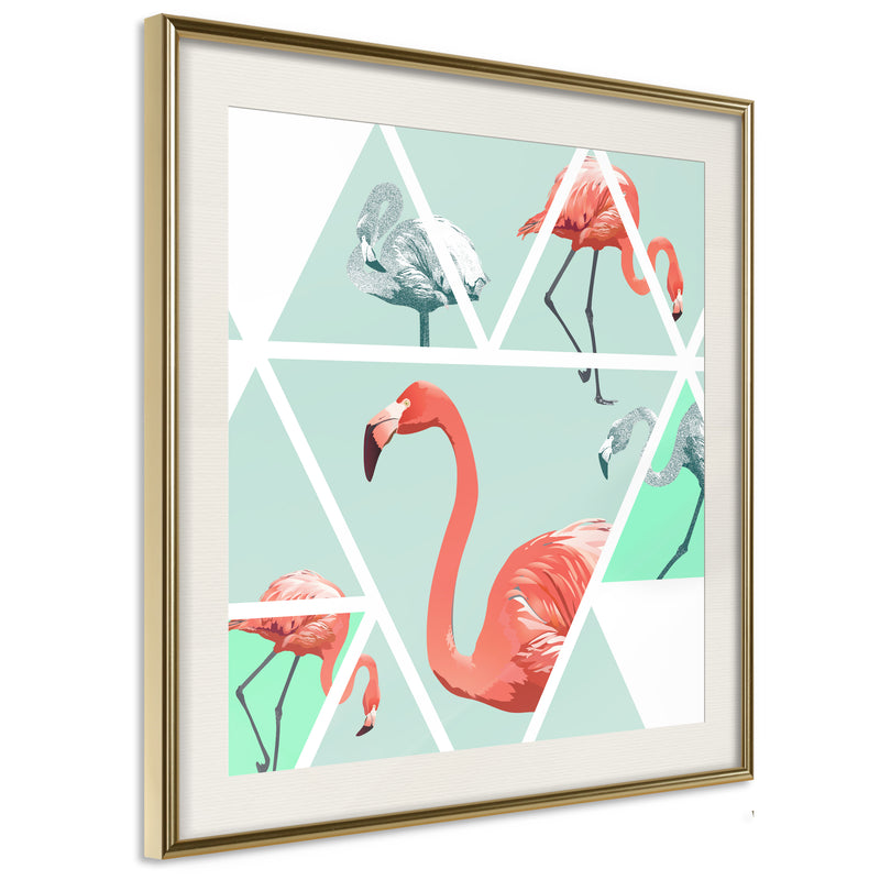 Poster - Tropical Mosaic with Flamingos (Square)  - goud passepartout