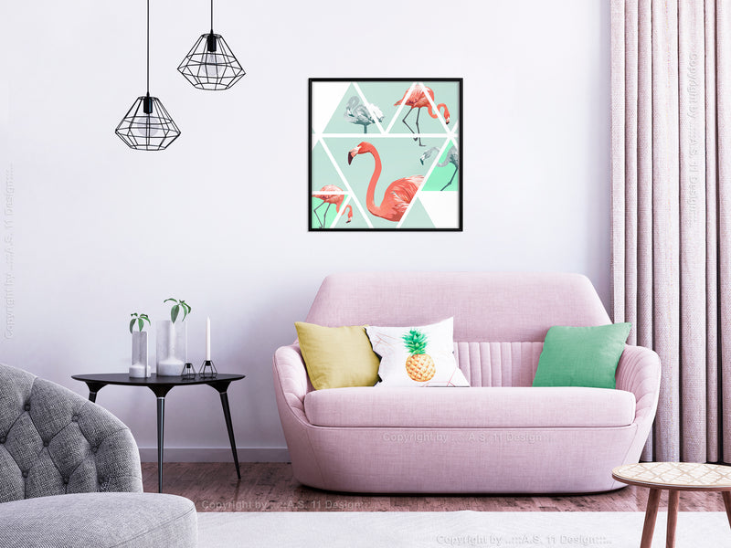 Poster - Tropical Mosaic with Flamingos (Square)  - zwart