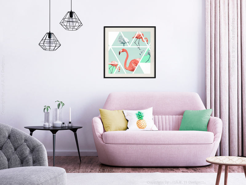 Poster - Tropical Mosaic with Flamingos (Square)  - zwart passepartout