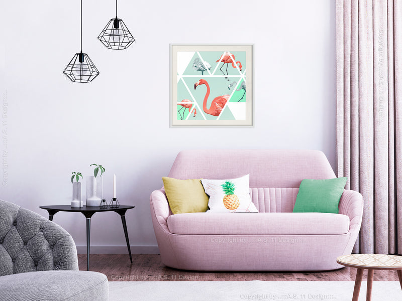 Poster - Tropical Mosaic with Flamingos (Square)  - wit passepartout