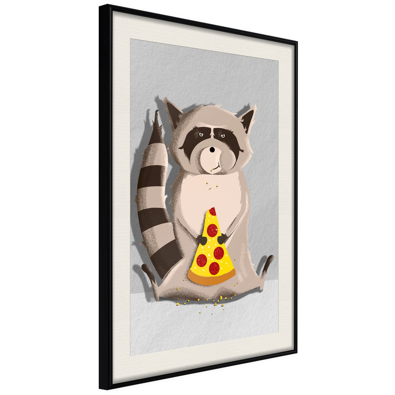 Poster - Racoon Eating Pizza  - zwart passepartout