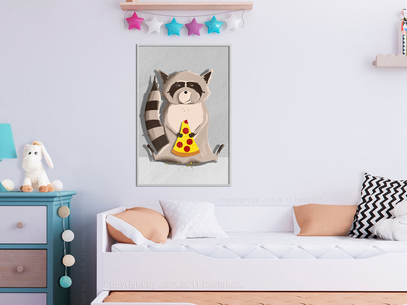 Poster - Racoon Eating Pizza  - wit