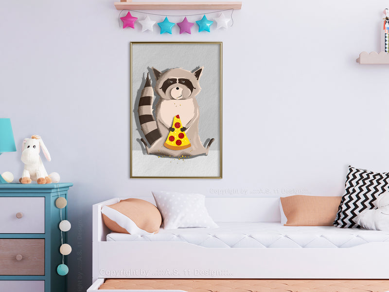 Poster - Racoon Eating Pizza  - goud