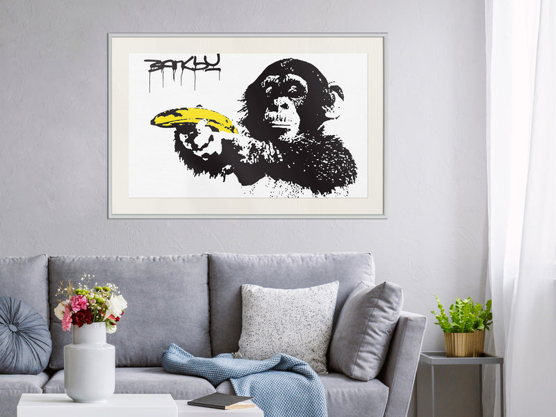 Poster - Banksy: Banana Gun I  - wit passepartout