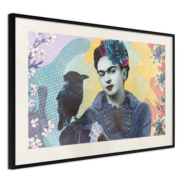 Poster - Frida with a Raven  - zwart passepartout