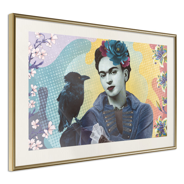 Poster - Frida with a Raven  - goud passepartout