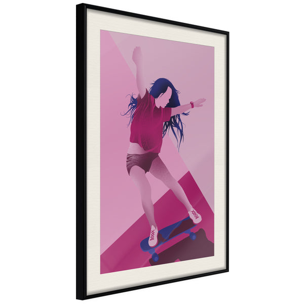 Poster - Girl on a Skateboard  - zwart passepartout