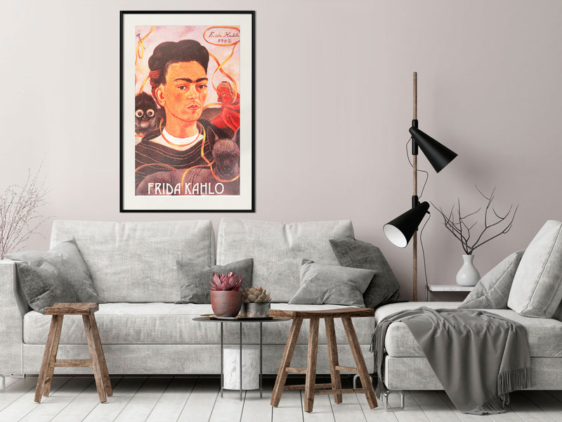 Poster - Frida Khalo  Self-Portrait  - zwart passepartout