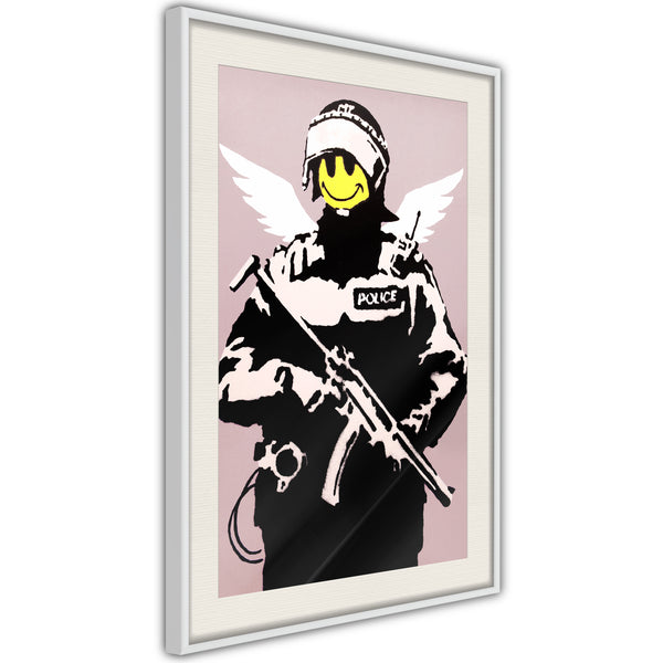 Poster - Banksy: Flying Copper  - wit passepartout