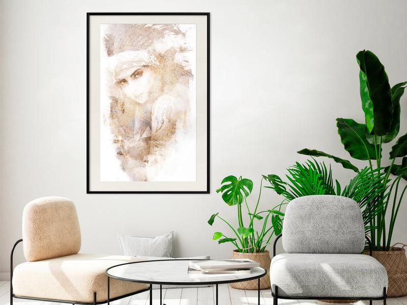 Poster - Mysterious Look (Beige)  - zwart passepartout