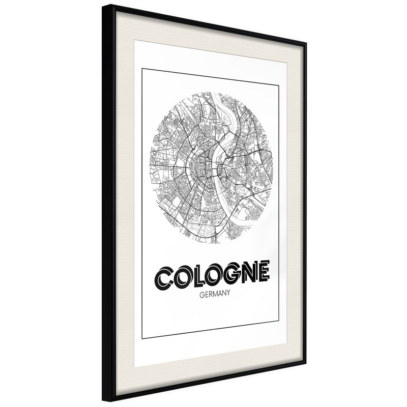 Poster - City Map: Cologne (Round)  - zwart passepartout