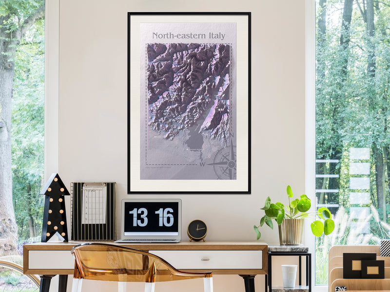 Poster - Raised Relief Map: North-Eastern Italy  - zwart passepartout