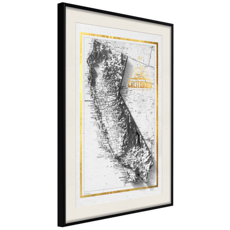 Poster - Raised Relief Map: California  - zwart passepartout