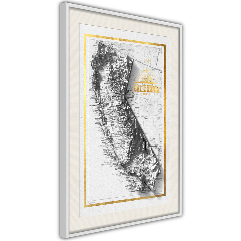 Poster - Raised Relief Map: California  - wit passepartout