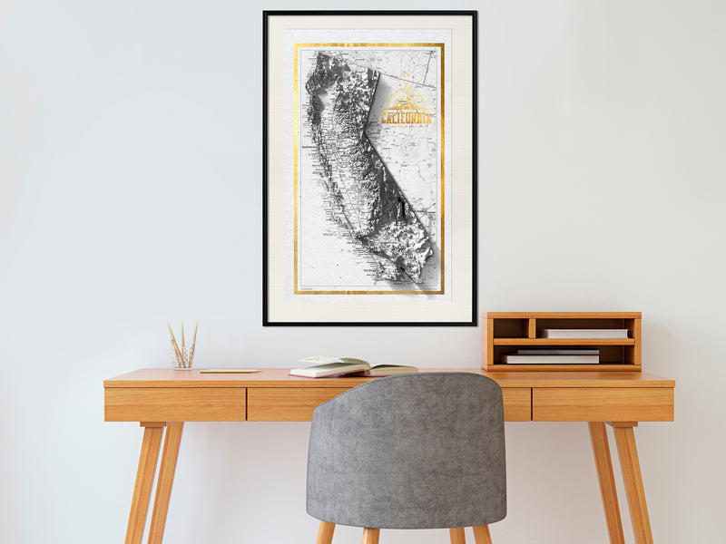 Poster - Raised Relief Map: California  - zwart passepartout