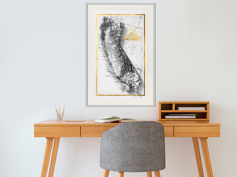 Poster - Raised Relief Map: California  - wit passepartout