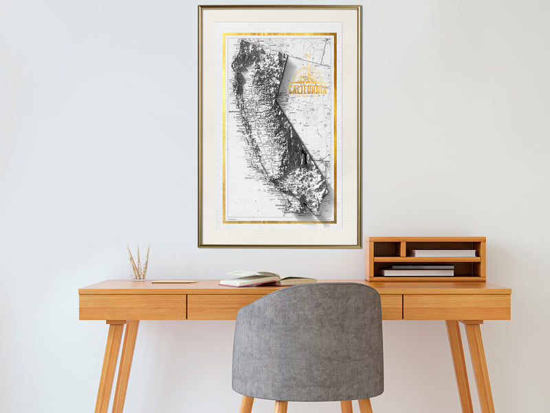 Poster - Raised Relief Map: California  - goud passepartout