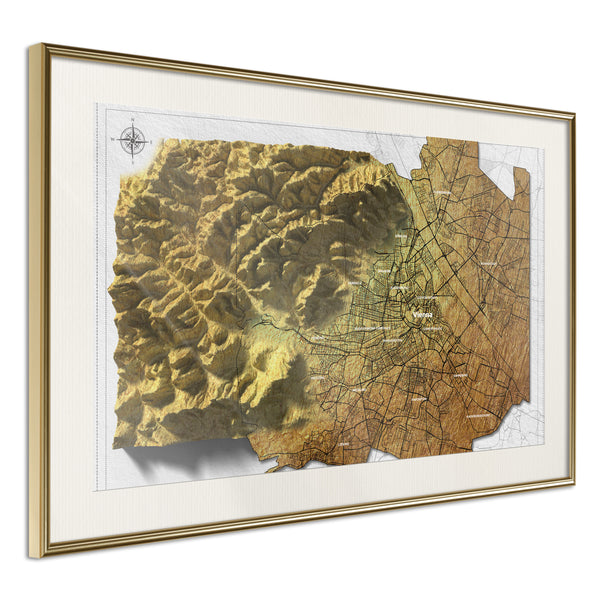 Poster - Raised Relief Map: Vienna  - goud passepartout