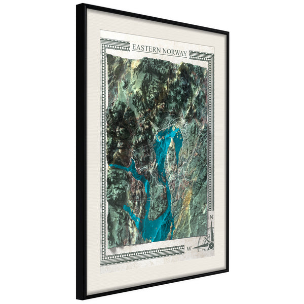 Poster - Raised Relief Map: Eastern Norway  - zwart passepartout