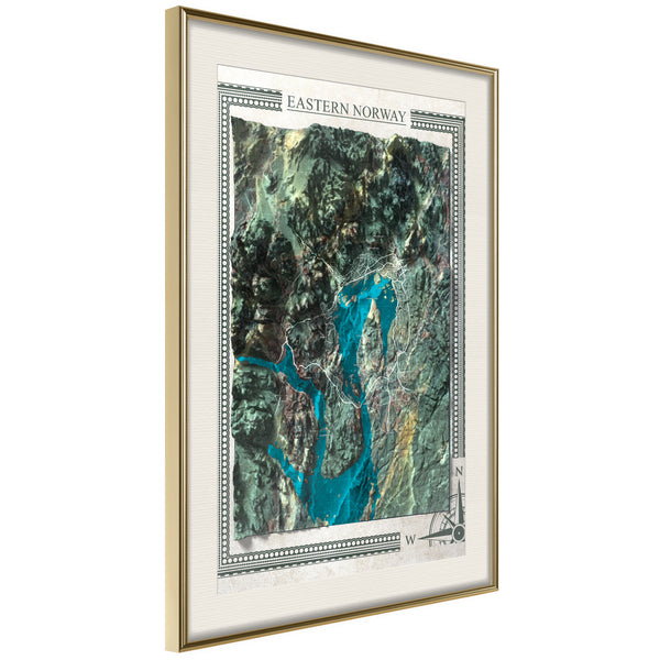 Poster - Raised Relief Map: Eastern Norway  - goud passepartout