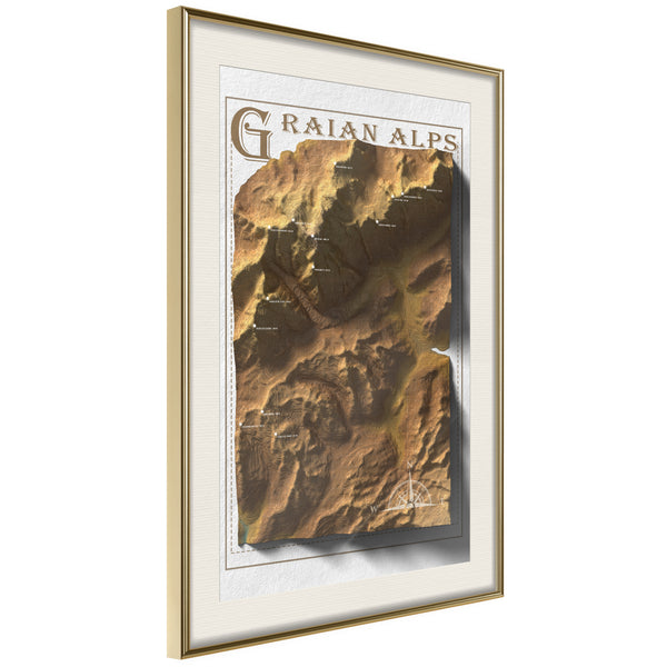 Poster - Raised Relief Map: Graian Alps  - goud passepartout
