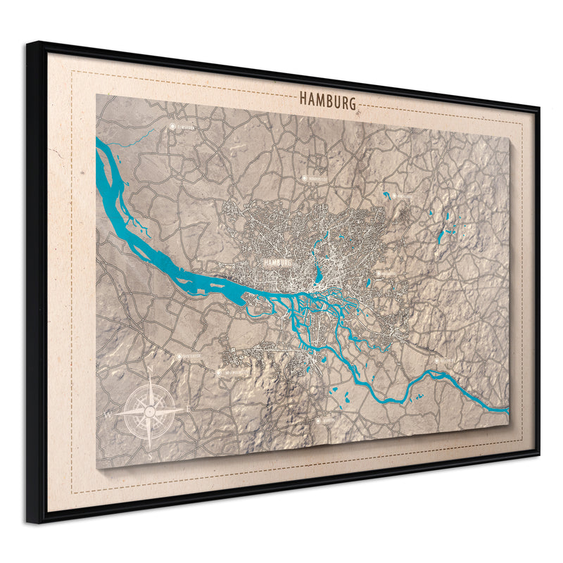 Poster - Raised Relief Map: Hamburg  - zwart