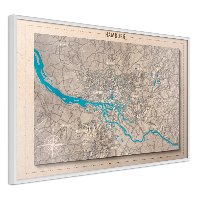 Poster - Raised Relief Map: Hamburg  - wit