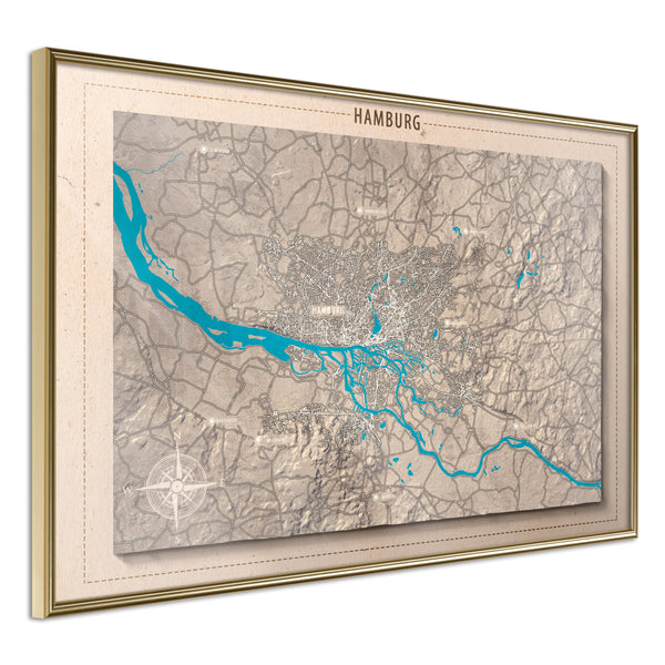 Poster - Raised Relief Map: Hamburg  - goud