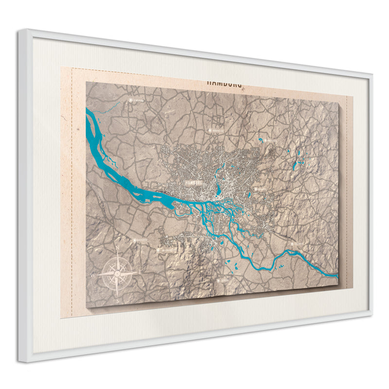 Poster - Raised Relief Map: Hamburg  - wit passepartout