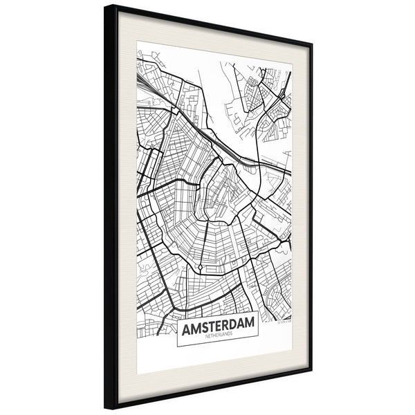 Poster - City map: Amsterdam  - zwart passepartout