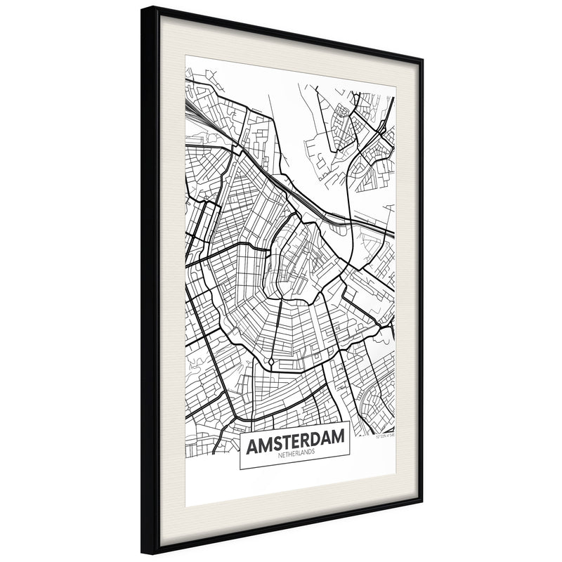 Poster - City map: Amsterdam  - zwart passepartout