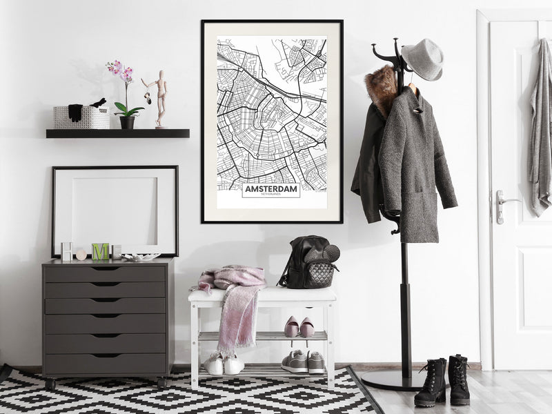 Poster - City map: Amsterdam  - zwart passepartout