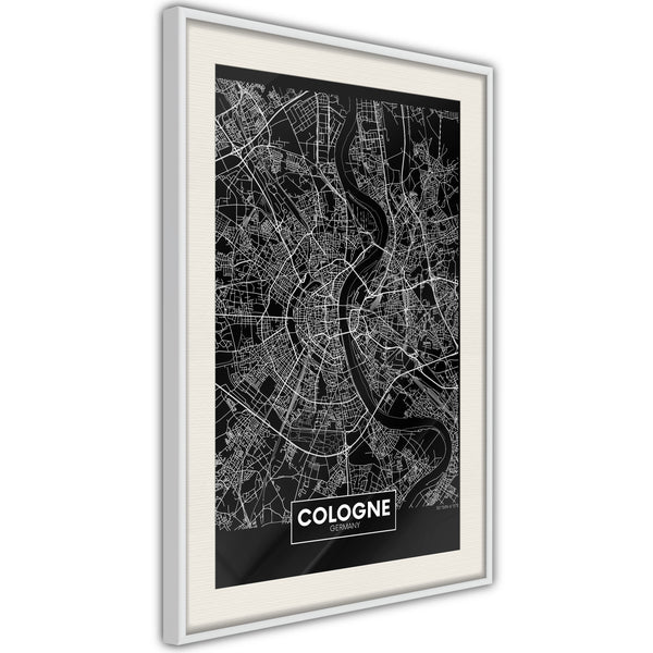 Poster - City Map: Cologne (Dark)  - wit passepartout