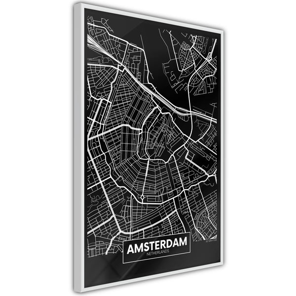 Poster - City Map: Amsterdam (Dark)  - wit