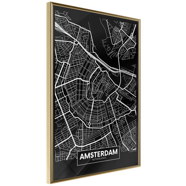 Poster - City Map: Amsterdam (Dark)  - goud