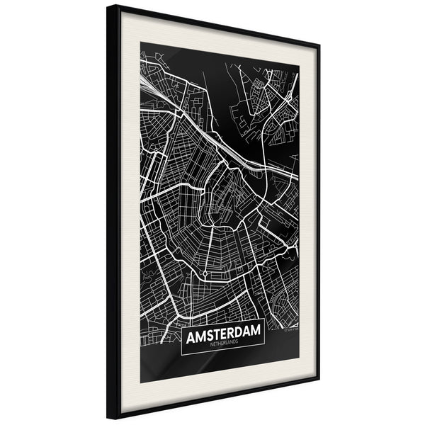 Poster - City Map: Amsterdam (Dark)  - zwart passepartout