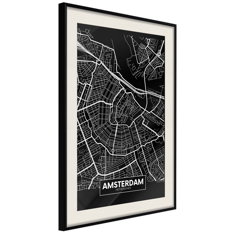 Poster - City Map: Amsterdam (Dark)  - zwart passepartout