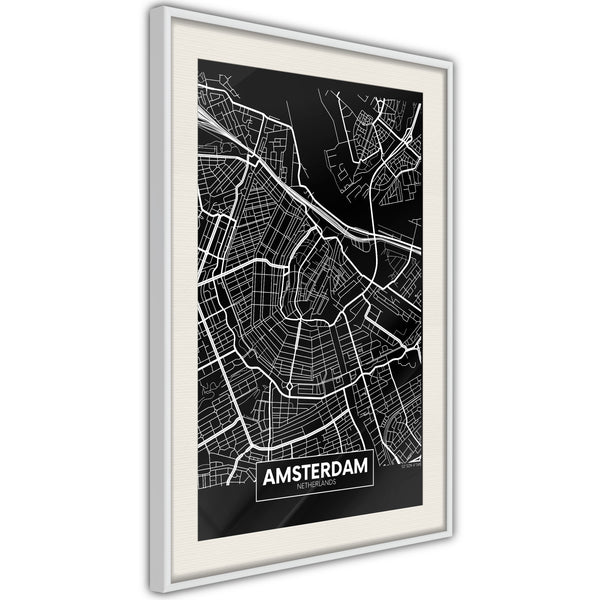 Poster - City Map: Amsterdam (Dark)  - wit passepartout