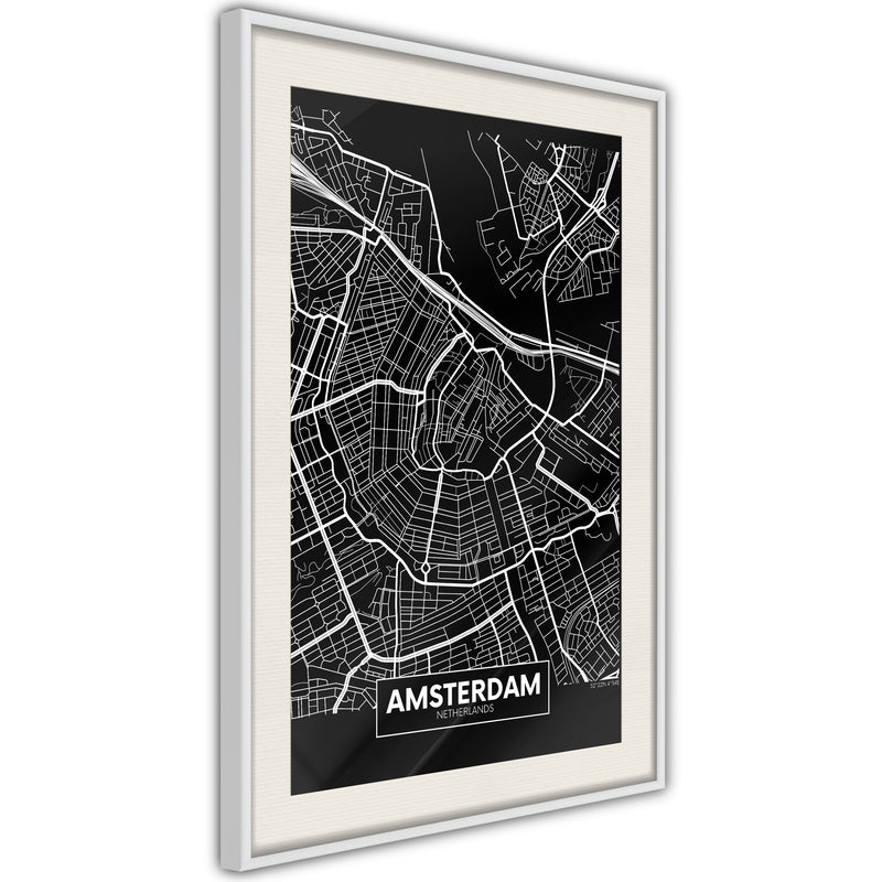 Poster - City Map: Amsterdam (Dark)  - wit passepartout