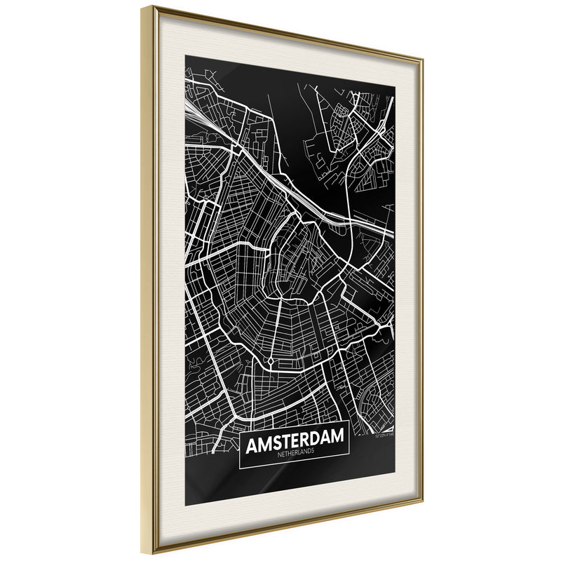 Poster - City Map: Amsterdam (Dark)  - goud passepartout