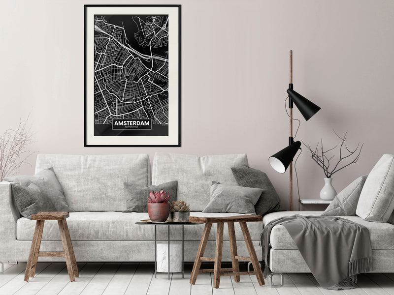 Poster - City Map: Amsterdam (Dark)  - zwart passepartout